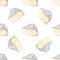 Watercolor brie cheese seamless pattern on white background