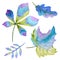 Watercolor Bright Autumn leaves set. Green, blue and purple colors Hand Drawn Autumn leaf on a white background