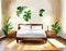 Watercolor of Bright bedroom with tropical wooden and empty