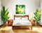 Watercolor of Bright bedroom with tropical wooden and empty