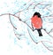 Watercolor bright bullfinch on a rowan branch. New year illustration for greeting cards,  posters and web design