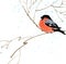 Watercolor bright bullfinch on a rowan branch. New year illustration for greeting cards,  posters and web design
