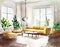 Watercolor of Bright Scandinavian living room on a sunny