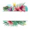 Watercolor bright tropical flowers with green palm leaf with paint splash. Tropic floral border