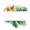 Watercolor bright tropical flowers with green palm leaf with paint splash. Tropic floral border