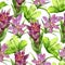 Watercolor bright tropical green and purple seamless pattern