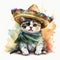 watercolor brush cinco de mayo cute kitten cat wearing a sombrero hat