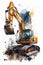 Watercolor building car excavator yellow illustration on white background. Vintage watercolor car excavator art, great