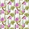 Watercolor bulrush and pink lotus seamless pattern