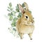 Watercolor bunny in floral bouquet. Hand drawn clipart animal forest, silver dollars and green plants.