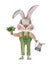 Watercolor bunny gardener with watering can and salvia in hands. Cartoon illustration with rabbit, hare for postcards, posters