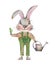 Watercolor bunny gardener with watering can and salvia in hands. Cartoon illustration with rabbit, hare for postcards, posters