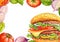 Watercolor burger with vegetable background . Beef hamburger with steak, cheese, tomatoes, onion, bacon, salad.