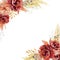 Watercolor Burgundy flower banner. Fall autumn botanical floral border in boho style with red rose. Modern frame pampas grass