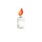 Watercolor burning candle isolated on white background.