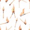 Watercolor Burning matches on white. Seamless pattern on white background