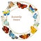 Watercolor butterfly round frame from different tipe of butterflies, with place for text. Hand painted vibrant illustration