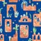 Watercolor cactus city seamless pattern on blue. Desert background. Spanish or moroccan style illustration