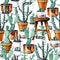 Watercolor cactus desert tropical garden seamless pattern. Watercolour cactus pattern