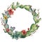 Watercolor cactuses wreath with flowers and succulent. Hand painted flowering opuntia, tree branch, echinocactus