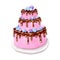 Watercolor cake. Large three-tiered cake for a wedding or birthday. Sponge cake, pastries with cream, poured with