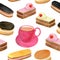 Watercolor cakes seamless pattern. Hand drawn cup of tea, fruit cream biscuit, eclair with chocolate glaze, honey