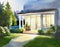 Watercolor of calm patio of beautiful suburban house with lights in the garden summer evening concept