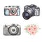 Watercolor camera  illustration set, delicate pink peony floral arrangements, flowers and greenery bouquet cliparts,  vintage