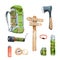 Watercolor camping set - backpack, ax, pointer, flashlight, lighter, compass, thermos, mug