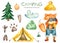 Watercolor camping set with fox photographer, hat, tent, tree, bush, animal footprints