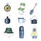 Watercolor camping set. Hiking equipment on a white background.