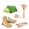 Watercolor camping set - tent, pointer, compass, boots, rope