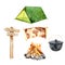 Watercolor camping set - tent, pointer, map, bonfire, cauldron