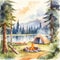 Watercolor Camping with tent and bonfire