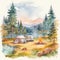 Watercolor Camping with tent and bonfire