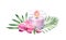 Watercolor candle arrangement. Pink orchid flower and tropical leaves. Pink glass painting. Spa and cosmetic products
