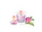 Watercolor candle arrangement with rose flower. Pink glass painting. Spa and cosmetic products isolated on white