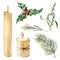 Watercolor candle with decor set. Hand painted candle, holly, mistletoe rosemary, christmas tree branch isolated on
