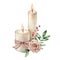 Watercolor candles with Christmas floral composition. Hand painted rose, eucalyptus branch, red berry and striped bow isolated on