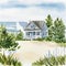 Watercolor of cape cod house exterior with view of the beach and waves in the created with