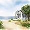 Watercolor of cape cod house exterior with view of the beach and waves in the created with