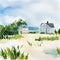 Watercolor of cape cod house exterior with view of the beach and waves in the created with