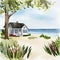 Watercolor of cape cod house exterior with view of the beach and waves in the created with