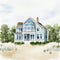 Watercolor of cape cod house exterior with view of the beach and waves in the created with