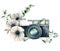 Watercolor card composition with camera and anemone bouquet. Hand painted photographer logo with floral illustration