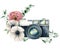 Watercolor card composition with camera and anemone, ranunculus bouquet. Hand painted photographer logo with flower
