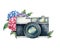 Watercolor card composition with camera and flower bouquet. Hand painted photographer logo with anemone and ranunculus