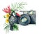 Watercolor card composition with camera, flower bouquet an toucan. Hand painted photographer logo with protea and leaves