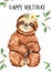 Watercolor card with cute baby animal sloth Happy Birthday