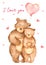 Watercolor card with cute bears in love cuddling